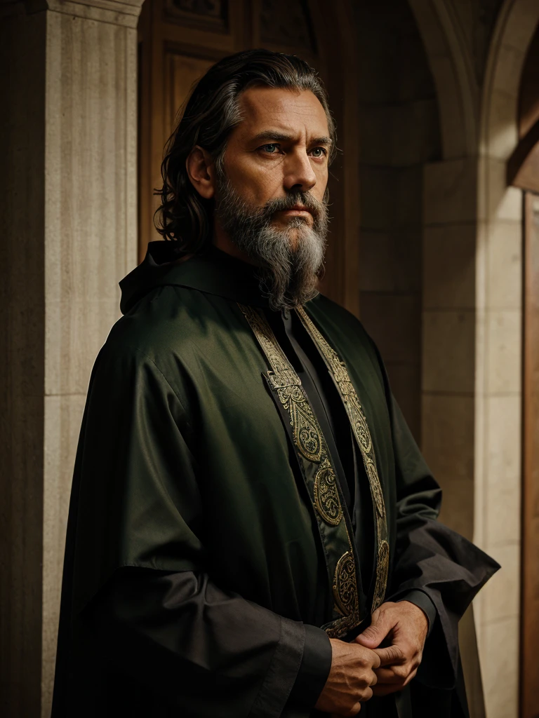A old priest, 52 years old. He has medium length, curly, light brown hair and green eyes. His face is boyishly old, but handsome and he has beard. He is wearing a black chasuble. He is pensive and thoughtful. Cinematic lighting, realistic.