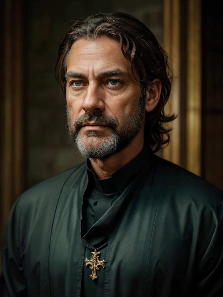 A old priest, 52 years old. He has medium length, curly, light brown hair and green eyes. His face is boyishly old, but handsome and he has beard. He is wearing a black chasuble. He is pensive and thoughtful. Cinematic lighting, realistic.
