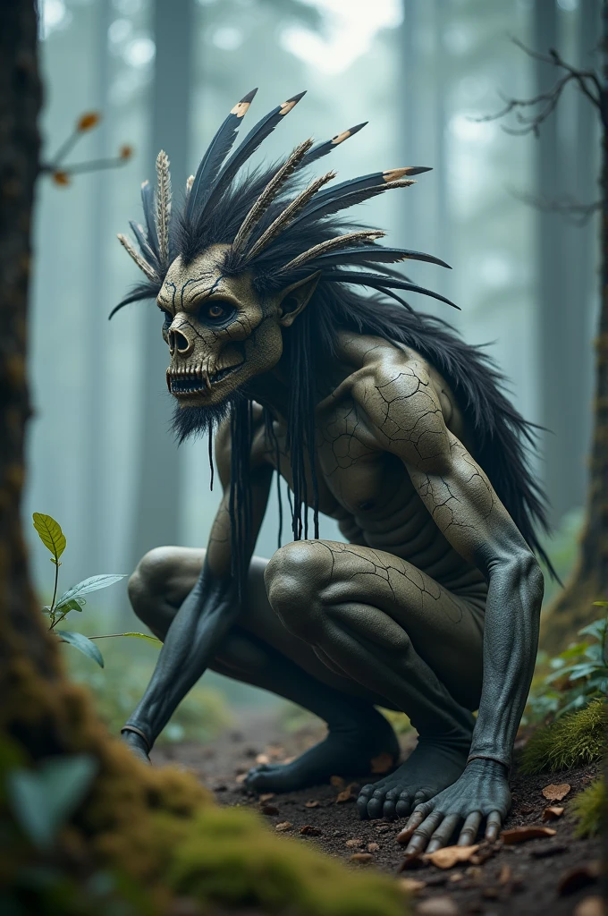 Generate a highly detailed and atmospheric scene of a mystical forest creature crouching crouching in a misty woodland setting. The creature has an otherworldly appearance, with intricate body paint resembling cracked earth, and wears elaborate feathered adornments, including a headdress made of dark and light feathers. The creature's face is partially masked, with sharp, angular features and intense, almost haunting eyes. The environment around is dense with fog, with tall trees and a moody, ambiance, emphasizing the creature's connection
ethereal
to the mystical forest.