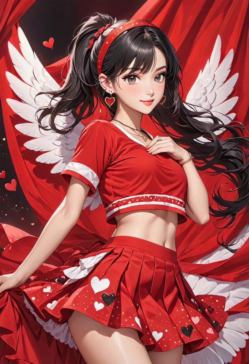 a young girl is wearing red clothes with heart shaped wings sticking out of her skirt, 1girl, solo, one eye closed, jewelry, hairband, ponytail, black hair, heart, looking at viewer, black eyes, long hair, earrings, crop top, midriff, red shirt