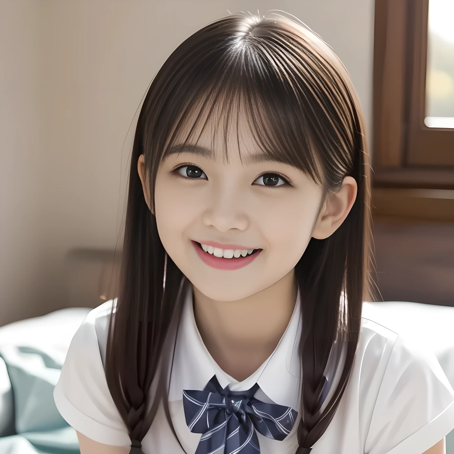 (highest quality, masterpiece, high resolution:1.2), 4K, (Photo quality detailed face: 1.4), (Giorgione painting style: 0.8), geometry, (Cute girly Japanese girl is turning her face to me and looking me laying on a white bed in a very girly girl's room: 1.2), Laughing cutely, (neat girly white short-sleeves school blouse: 1.0), (puffed short sleeves: 1.0), (Dark red glossy school ribbon on the breast: 1.0), (Gray Japanese school girly vest Uniform: 1.2), (Box-pleated gray short school skirt: 1.4), (Extremely laughing cheeks: 1.0), (Beautiful light-amber cute-dolly large clear eyes with detailed cutely: 1.4), (Long bottom eyelashes: 1.2), (Expressing the greatest joy with her whole body: 1.2), (Glossy lips: 1.0), (Super-straight super-long hair: 1.5), (white and clear skin: 1.0), (Promoting Shampoo: 1.2)
