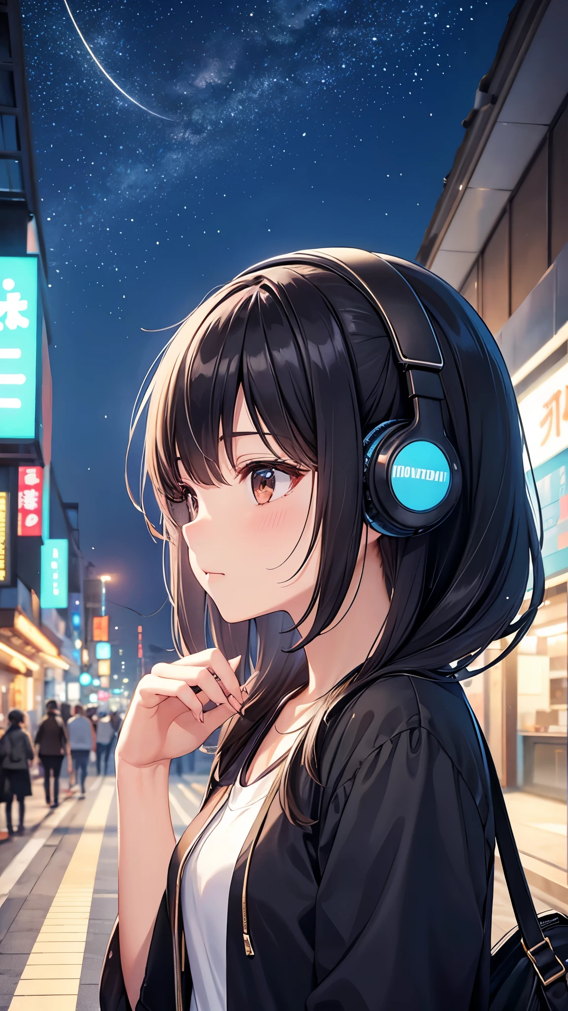 Traveling to Koshien。A young girl with black hair wearing stylish clothes and headphones labeled "lo-fi" The girl is shown in profile, gazing into the distance with a calm, relaxed expression Background depicts the iconic scenery of Namba, Osaka at night, without any text on signs A starry night sky adding to the peaceful atmosphere Overall mood is quiet and serene, perfect for lo-fi music Detailed hair rendering and careful attention to the girl's fashionable outfit The entire scene should evoke a relaxing, introspective feeling associated with lo-fi music