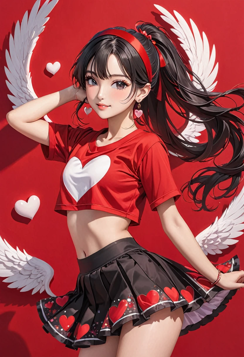 a young girl is wearing red clothes with heart shaped wings sticking out of her skirt, 1girl, solo, one eye closed, jewelry, hairband, ponytail, black hair, heart, looking at viewer, black eyes, long hair, earrings, crop top, midriff, red shirt