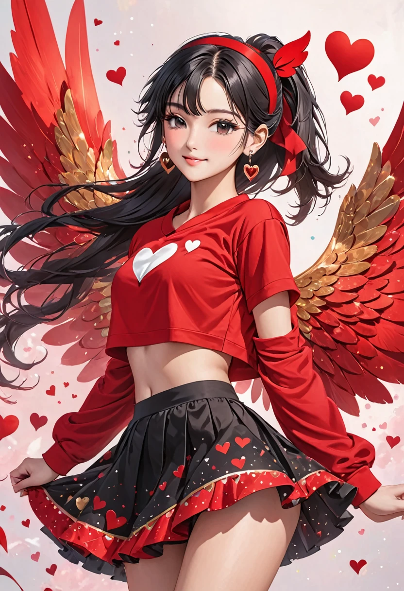 a young girl is wearing red clothes with heart shaped wings sticking out of her skirt, 1girl, solo, one eye closed, jewelry, hairband, ponytail, black hair, heart, looking at viewer, black eyes, long hair, earrings, crop top, midriff, red shirt