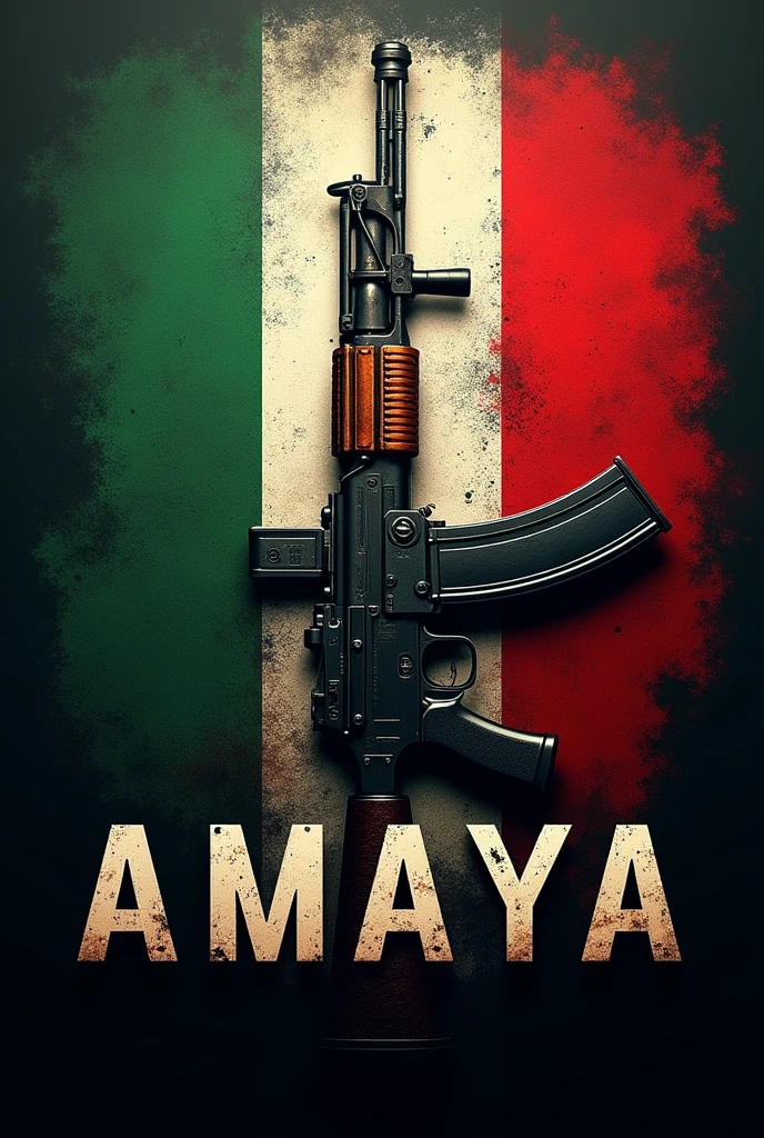 Oops, create an image with the Italian flag and an AK 47 with the name AMAYA and ammunition , I want a very realistic image Put the name AMAUA IN THE MIDDLE AND REMOVE THE WEAPON now make the name more realistic remove the man and put an AK 47 make this name more realistic another more real like a logo Put the name AMAYA MORE REALISTIC 