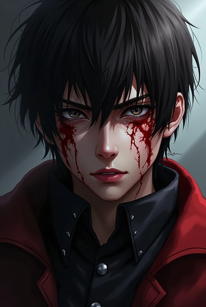 Kirito, dark fantasy character, ultra-detailed, highly realistic, dramatic portrait, deep emotional expression, intense gaze, blood-stained face, dark crimson red blood, dramatic lighting, chiaroscuro, moody atmosphere, cinematic composition, digital painting, dark fantasy style