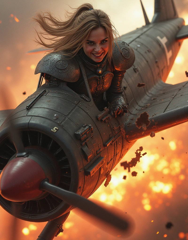 A girl in armor with an angry facial expression penetrated the body of a fighter plane until it broke and burned in the sky.