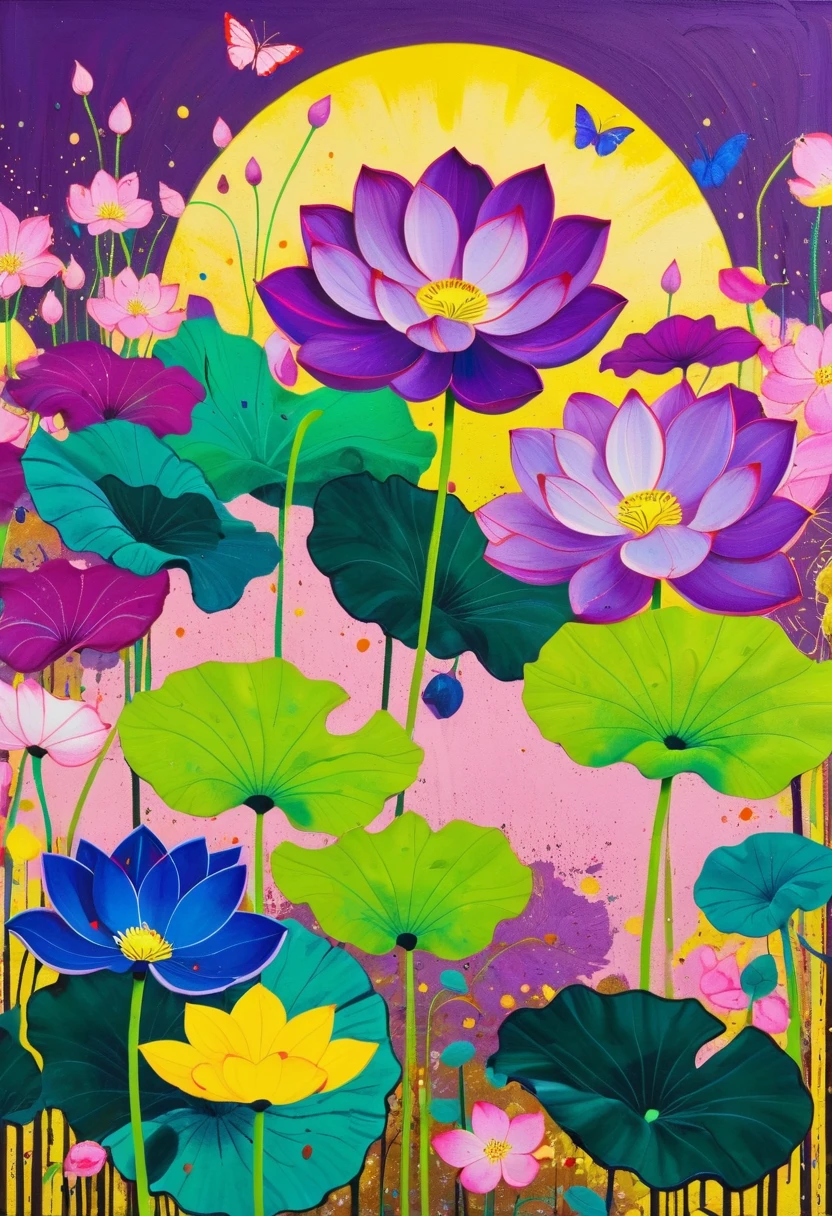 A painting:(((Colorful black,Chalk painting,Oil stick painting,Volume,Thick coating,Uneven texture,Plaster texture,Graffiti)))。Colorful black,Circle artistic conception lotus leaf, Bright colors, Purple和, cute的, Bright colors,cute, Lavender Color and Color Schemes, 和Purple的配色方案, Beautiful Art, Purple, Whimsical Art, 和Purple色调, Lime and Violet, Close together,, spring, Inspired by Tomokazu Matsuyama, Delightful