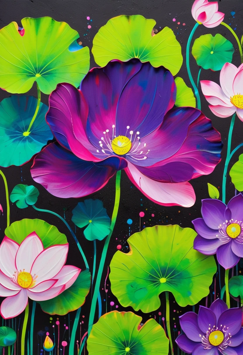 A painting：(((Colorful black，Chalk painting，Oil stick painting，Volume，Thick coating，Uneven texture，Plaster texture，Graffiti)))。Colorful black，Circle artistic conception lotus leaf， Bright colors, Purple和, cute的, Bright colors，cute, Lavender Color and Color Schemes, 和Purple的配色方案,  Beautiful Art,  Purple, Whimsical Art, 和Purple色调, Lime and Violet, Close together,, spring, Inspired by Tomokazu Matsuyama, Delightful