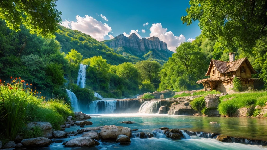 Hungarian ancient village, mystical nature, Rivers, Mountains and forests, waterfall, cloud, Photorealistic photos, It&#39;s not 8k. Aerial view.