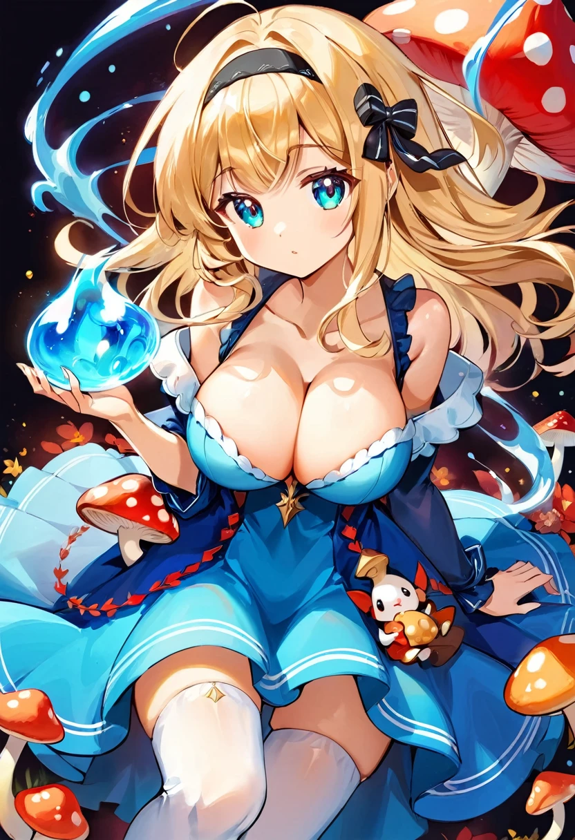 a beautiful 20 year old blonde Kate Bloom with big messy hair in a blue dress, white stockings, black headband, cleavage, holding a glowing mushroom, fantasy art style, rossdraws cartoon vibrant, cute detailed digital art, colorfull digital fantasy art, digital fantasy art ), glossy digital painting, rossdraws pastel vibrant, rossdraws 2. 5, rossdraws 1. 0