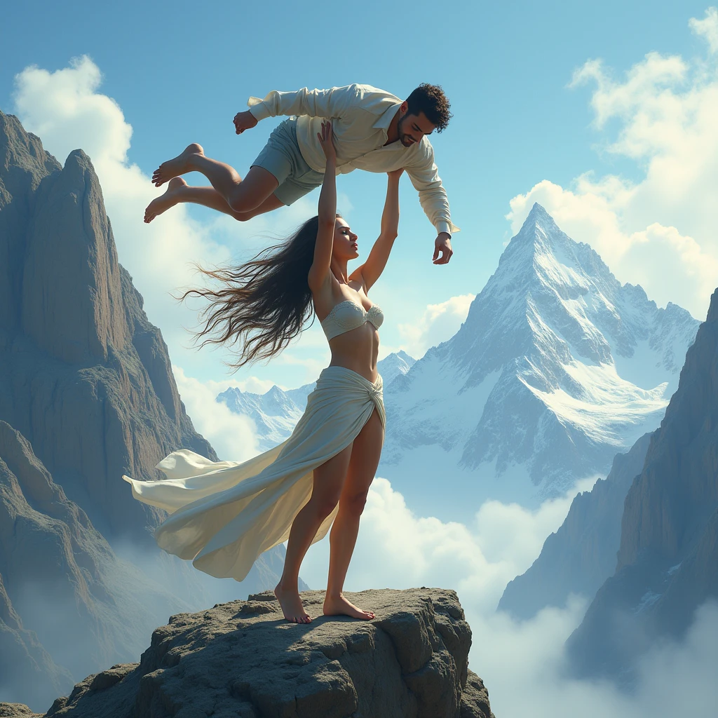 Beautiful Girl lifting a man high over her head with her strong arms. She is standing on a cliff with tall Mountains in the background.