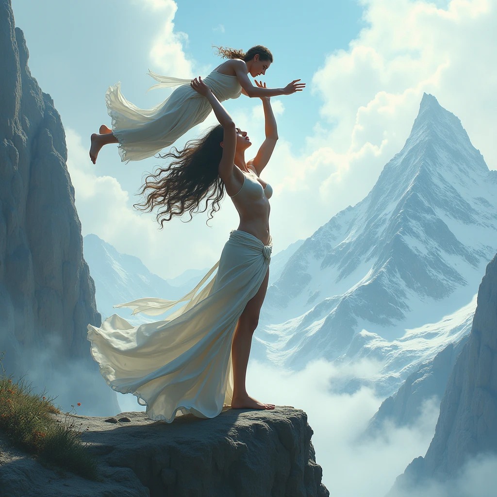 Beautiful Girl lifting a man high over her head with her strong arms. She is standing on a cliff with tall Mountains in the background.