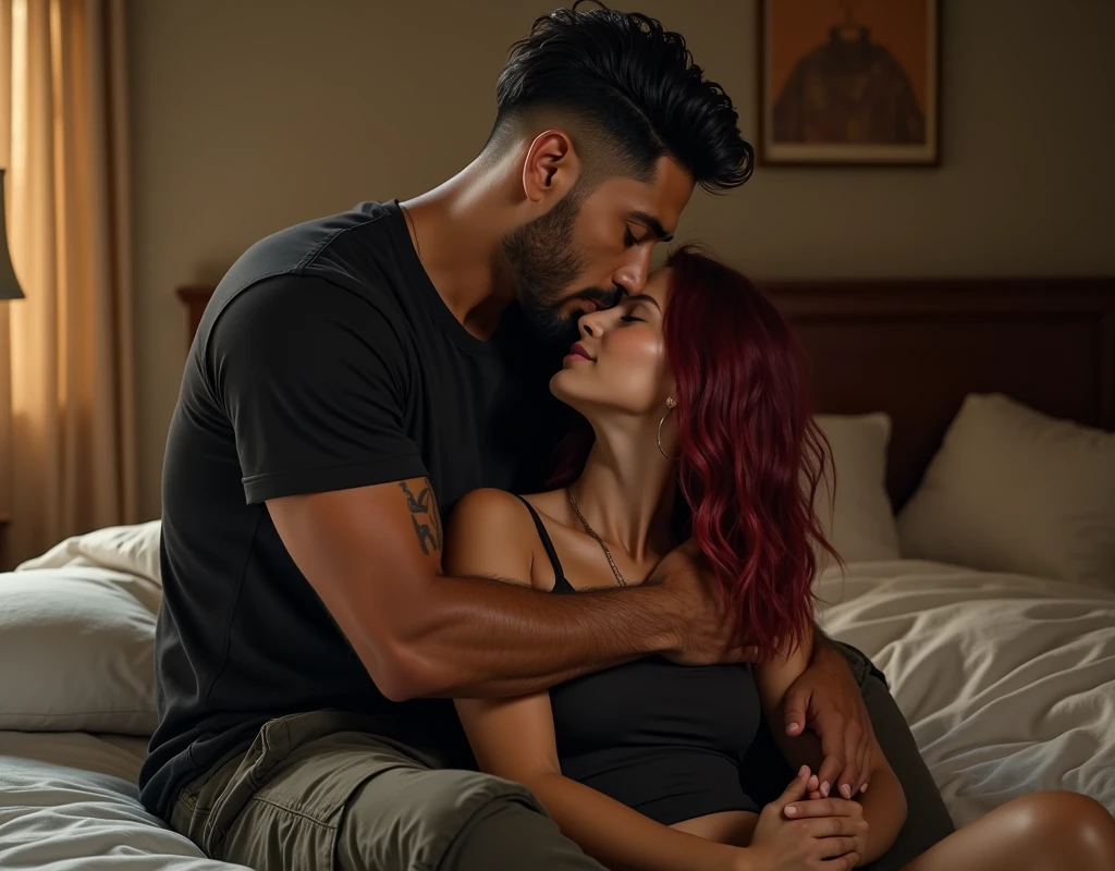 209 cm tall, 29-year-old, attractive man with black short layered swept back wavy crew cut hair, short black facial hair, Mediterranean-Native American features, no tattoos, black t-shirt, black cargo pants, hip shot, kissing much shorter woman 170cm tall light skin and vibrant maroon hair as they sit on a bed, photorealistic, cinematic