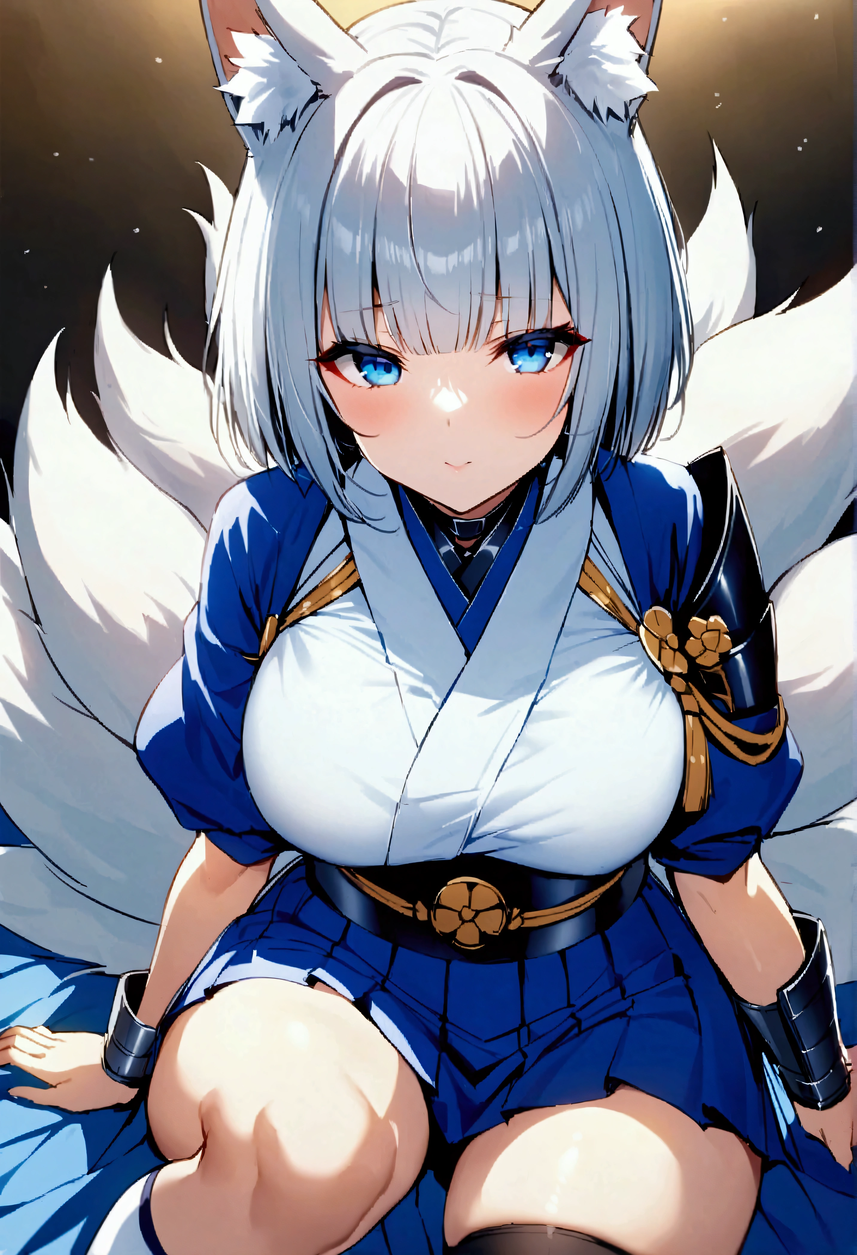 score_9、score_8_up、score_7_up、score_6_up、score_5_up、score_4_up、source_アニメ、One person、solo、Azure Lane Kaga、Animal Ears、blue eyes、Large Breasts、eye shadow、Fox耳、Foxのtail、make、short hair、bangs、鈍いbangs、White Hair、tail、Nine-Tailed Fox、Fox、複数のtail、Arm guard、Side bust、kimono、Blue Shirt、青いskirt、Puff sleeves、Knee socks、skirt、
