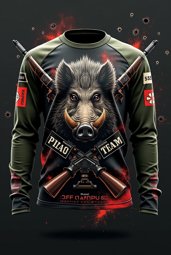 CREATE A LONG SLEEVE MILITARY T-SHIRT, black color, AND MILITARY GREEN SLEEVES WITH A DEMON BOAR DESIGN , RIFLES .556 AND WRITTEN "PICA FUMO TEAM" WITH DARKER LOOKING SHOT HOLES