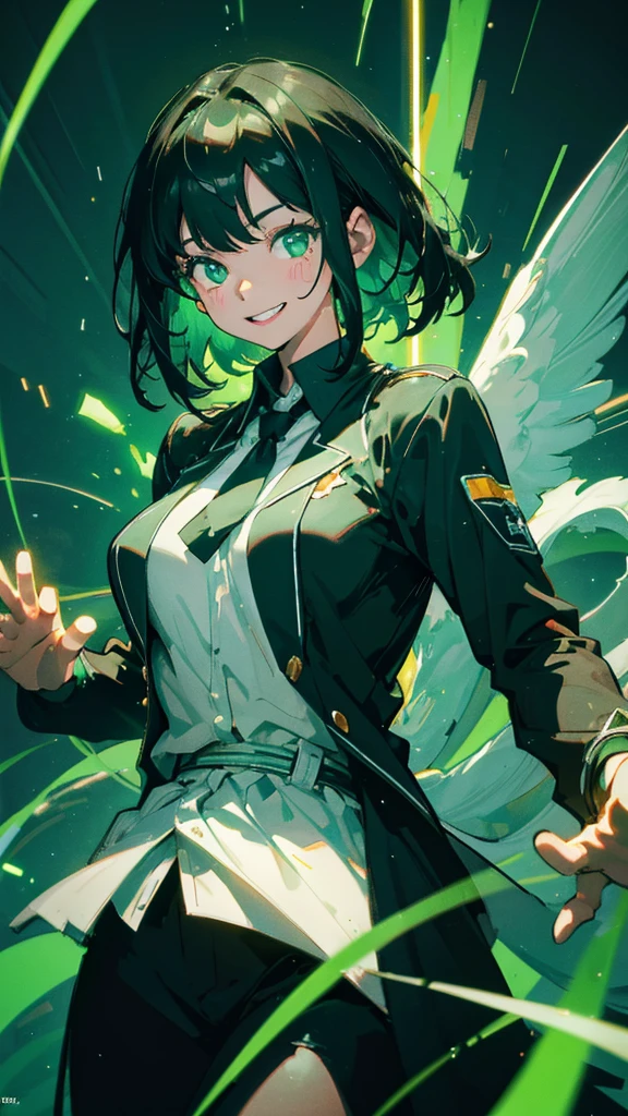 One person, Black Hair, High resolution, Ultra high definition, Very detailed, Medium Hair, Inner Color, chest, Crazy smile, Cinematic light effects, Illustration, Green image color,clothes
