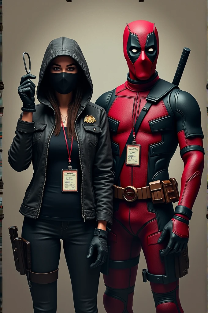 create an image in the style of a Deadpool custom movie poster. Character 1, A woman, wearring a Jacket
Dark-colored pants.
Black hoodie covering that wraps around the head and neck, with Deadpool a little kind mask
Holding up a Landyard. Character 2, A man, Deadpool custom.
Patches and badges on the shirt.
Dark-colored pants.
Short hair and deadpool mask
Holding up an identification card attached to a lanyard around the neck.
Realistic