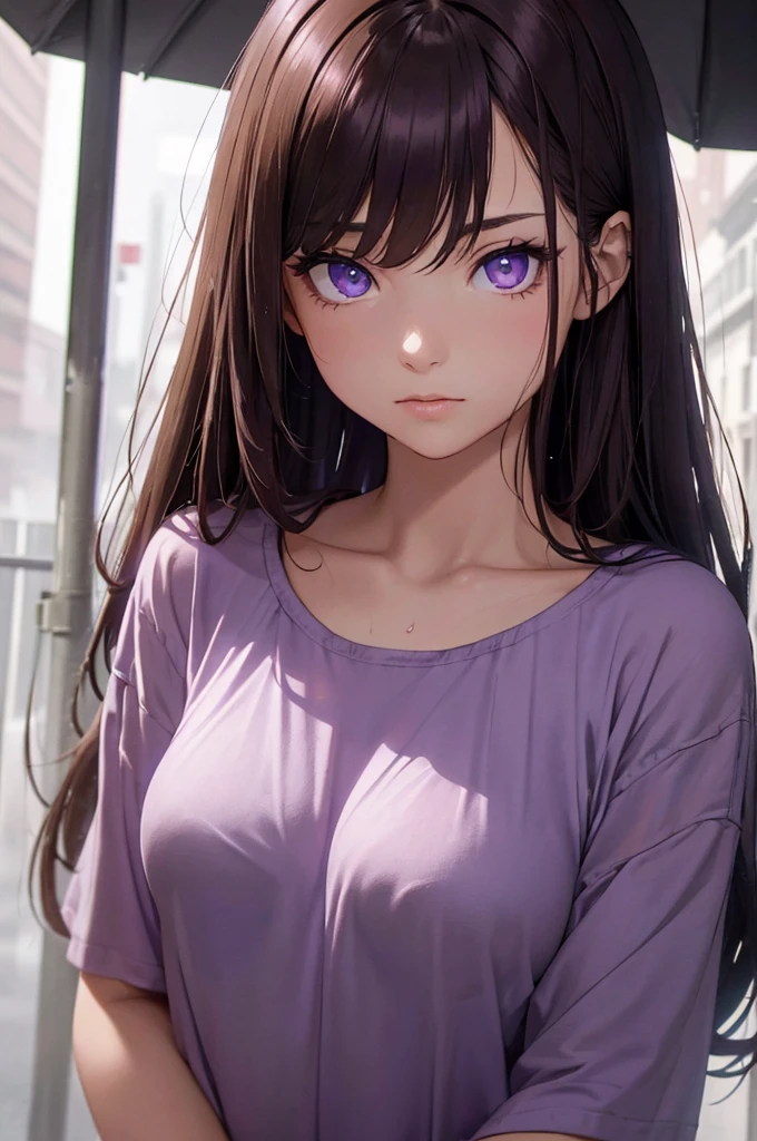 (master quality, amazing detail, amazing eyes), ((detailed eyes, artistic eyes, deep eyes, expressive eyes), 1girl wearing nothing but a long t-shirt as a nightgown outside at night in the pouring rain, depressed, soaking wet, stormy weather, heavy rain, wet hair, reddish-purple shirt, nighttime, very-short caramel hair, tiny B-cup breasts, outside, purple eyes,