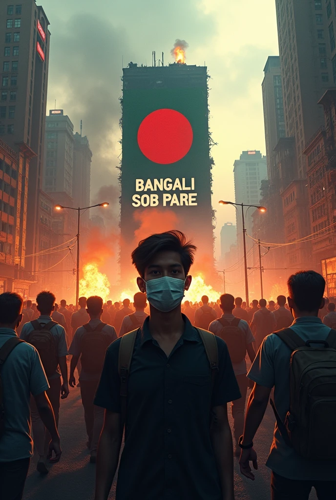 digital artwork of Bangladeshi Citizens, mask, tall building, Student protest, flames, explosions, ruins, Add this text on a building "Bangali Sob Pare", best quality, highres, 4k, Bangladeshi flag BEHIND, Student protest, Add this text on a building "Bangali Sob Pare"