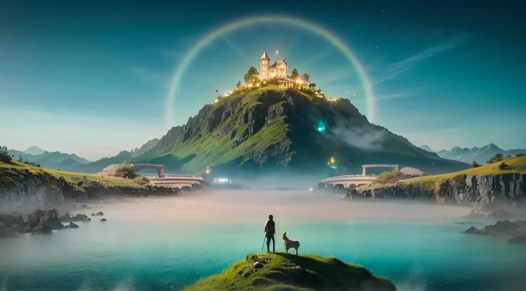 An open ocean shore, majestic mountains on the sides, a symmetrical beautiful stone bridge over the ocean, the stone bridge looks like human hands, a stone bridge created by nature itself, a stone bridge in the shape of a human hand, a stone bridge overgrown with greenery and bushes, very beautiful illustration, Rich in Detail and Color, (Iridescent: 1.2), (Glow, Atmospheric Lighting), Dreamy, Magical, (Solo: 1.2) dreamy, ethereal, ultra-detailed, Strong contrast, Good depth of field, 8K wallpaper, Masterpiece, Aesthetic illustration in realistic style, best quality, natural light, high res, highly detailed. At its base is a house, its lights glowing in the dimness of the tropical forest gloom, lights hang in the air, ethereal and mystical, magical atmosphere, beautiful and dreamy, fantasy style, dreamlike fantasy art, Photorealistic drone photo of a mountain slope, All the colors and materials in this work are very harmoniously combined, on the mountain is a cozy city of angels