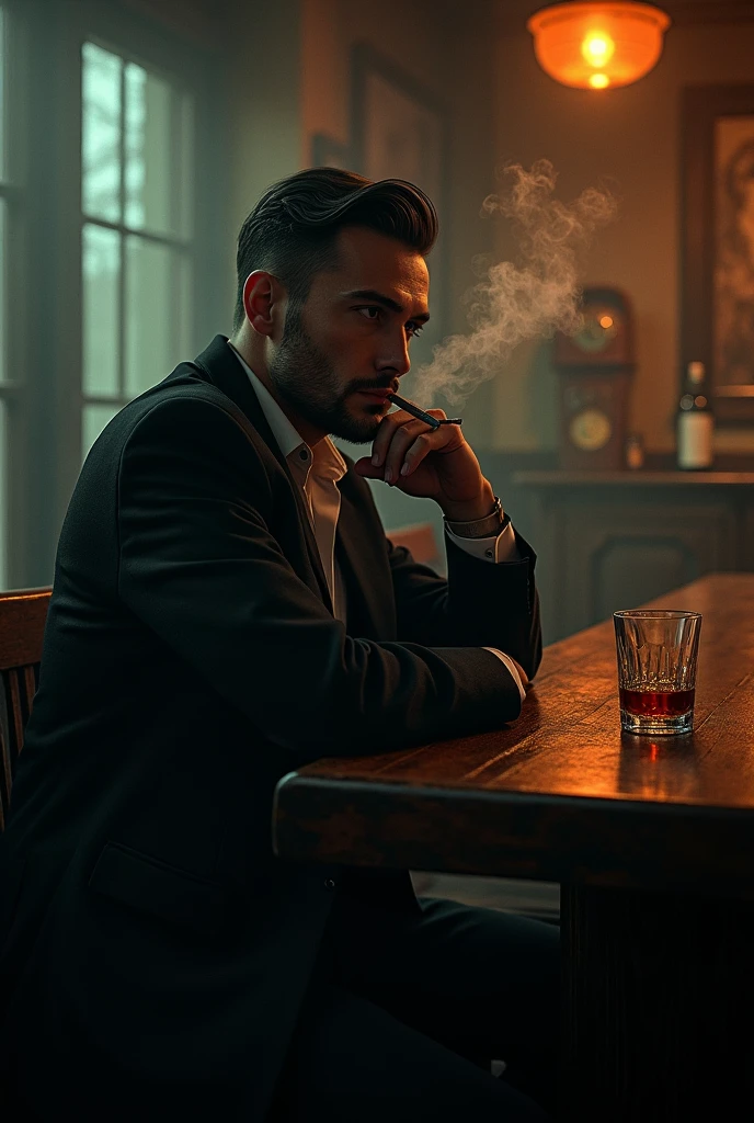 A short-haired man smoking a cigarette and drinking at a bar