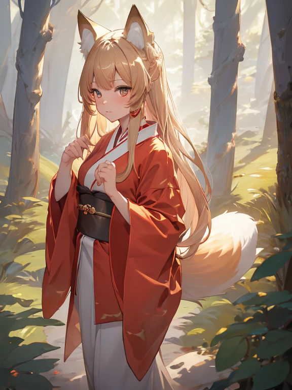 masterpiece, highest quality, Very detailed, 16k, Ultra-high resolution, Cowboy Shot, One , Detailed face, Perfect Fingers, Fox Ears, tail, Golden Eyes, Blonde, Long Hair, Red kimono, in the forest, During a walk