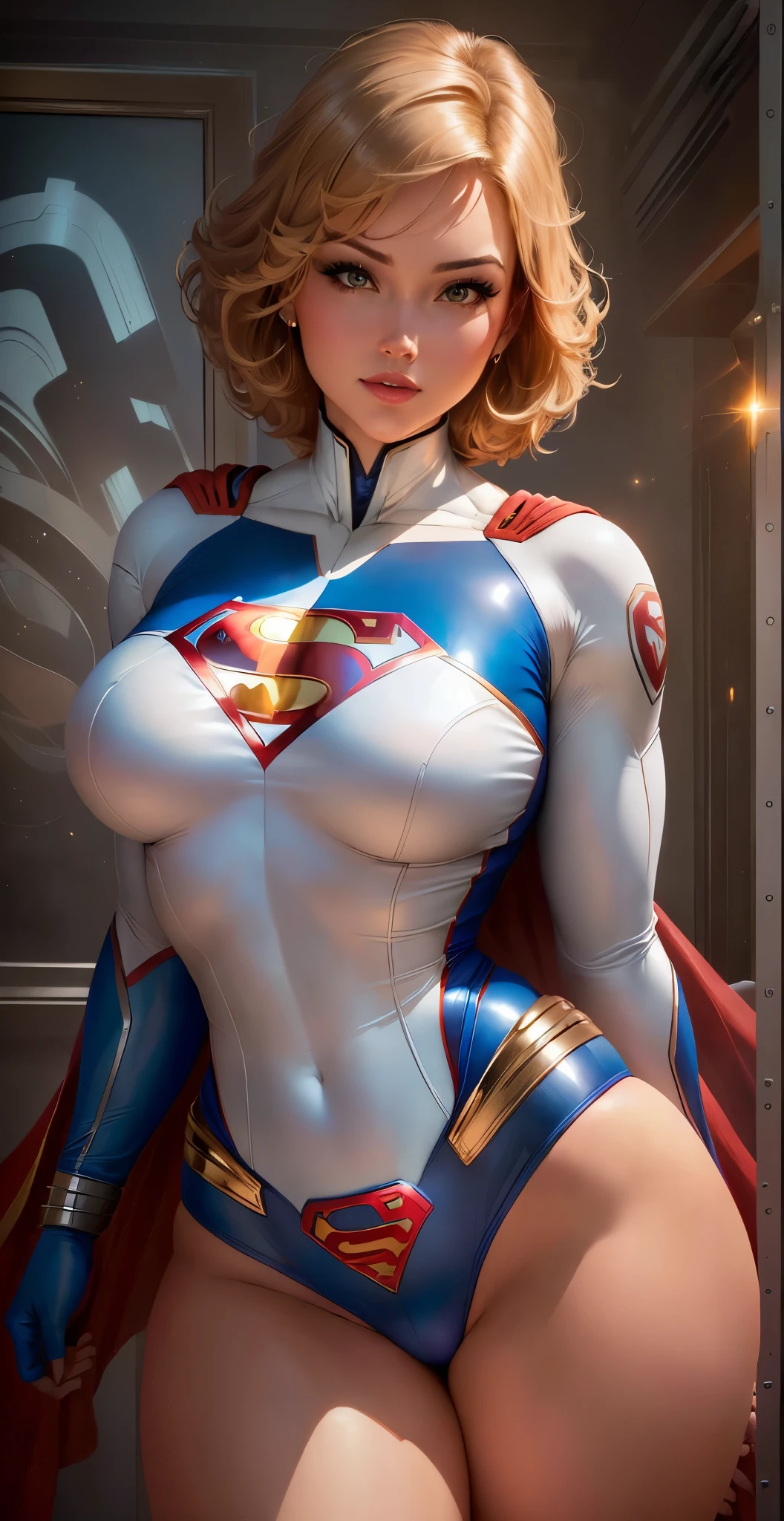 a close up of a woman in a superman costume posing, power girl, supergirl, extremely detailed artgerm, superhero body, super highly detailed, super detailed and realistic, artgerm julie bell beeple, trending artgerm, chris moore. artgerm, super photo realistic, ultra mega super hyper realistic, super-hero girl, beautiful comic art,different outfit on every pose,voluptuous