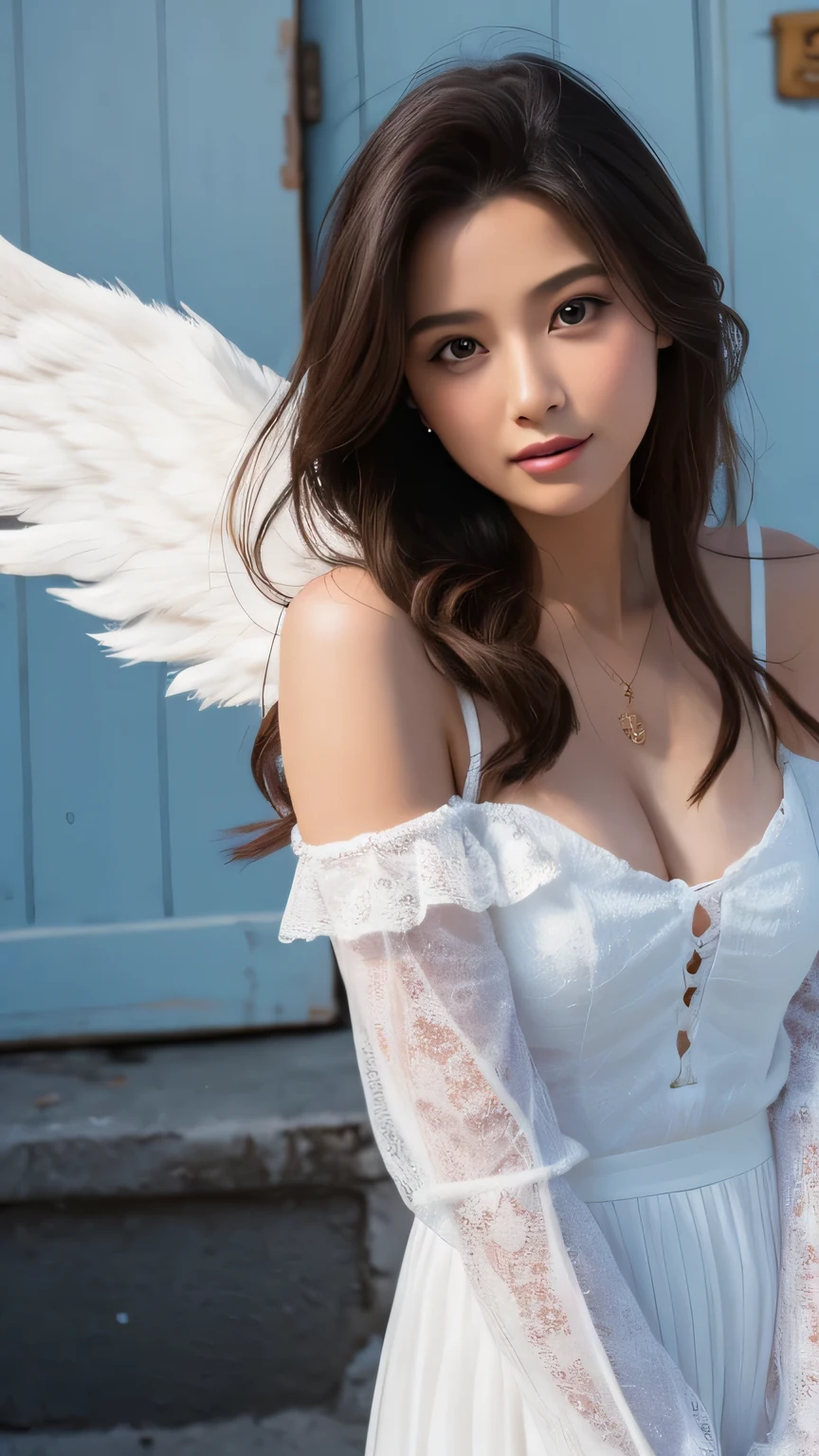 Angel's wing, Spread your wings, Big Wings, One person, Detailed wings, Wings with feathers, Delicate Wings, Beautiful Wings, Mysterious Wings, Bright wings, Luminous wings, Sparkling wings, Translucent wings, Iridescent Feathers, Winged figures, Winged female, winged god, Winged Angel, Heavenly Person, Heavenly Man, The existence of God, spiritual figures, Fantasy art, Digital Art, 8k, Very detailed, Realistic, Ultra-realistic, Cinema Lighting, Vibrant colors, Dramatic lighting, Dramatic contrast, Dramatic Shadows, dramatic highlights