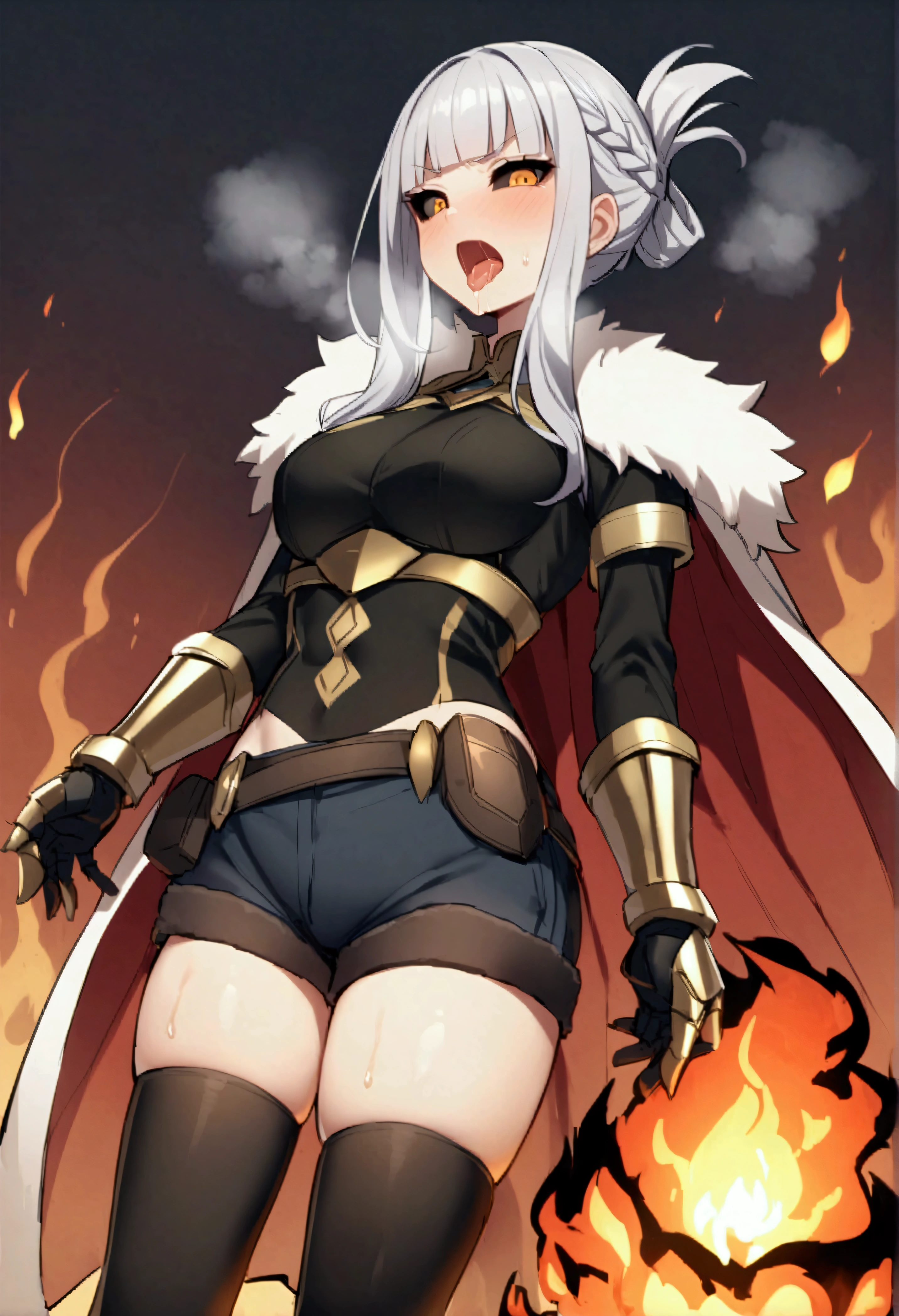 Penthesileia(destiny))、solo、、 1 person、Yellow Eyes、Blunt bangs、Grey Hair、Long Hair、Side Lock、French Braid、Folded ponytail、Crop top、Underbust、Shorts、Gauntlet、nail、West Cape、Thigh-high socks、black sclera、Fur trim、anger、fire、Outdoor、fire、Jack O' Challenge、Butt、Open your mouth、tooth、saliva、Heavy breathing 、
