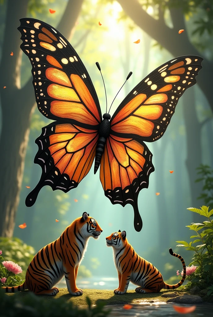 A giant Butterfly smiling at a small tiger