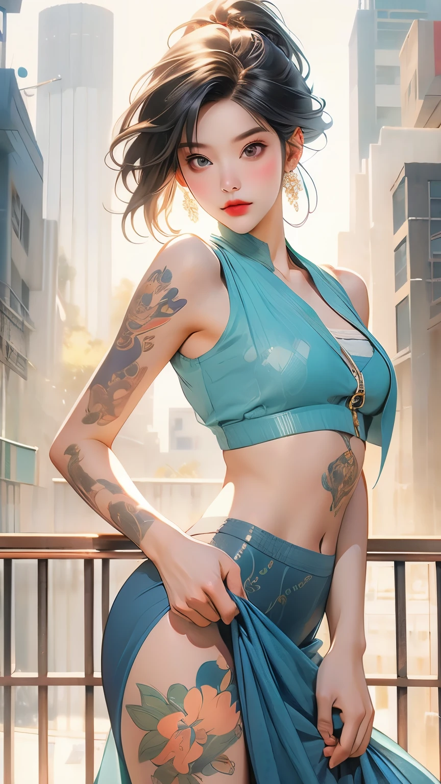 Android 18 from Dragon Ball,Colorful gradient short hair half covering the face,Exquisite facial features,Perfect face shape,Anime style face,Smile,Printed vest,Fashion长裙,Fashion,Large Breasts:1.4,City background,Full body tattoo,Beautiful tattoos:1.4 , masterpiece, best quality, Extremely detailed,Black high ponytail: 1.5, Long legs, Smooth legs without any wrinkles。 dress, Slim waist, Thin waist: 1.7,Ultra-realistic 8k CG, masterpiece, ((Ultra detailed background, Exquisite pattern, Intricate details)), (Very detailed, Fine details), best quality,