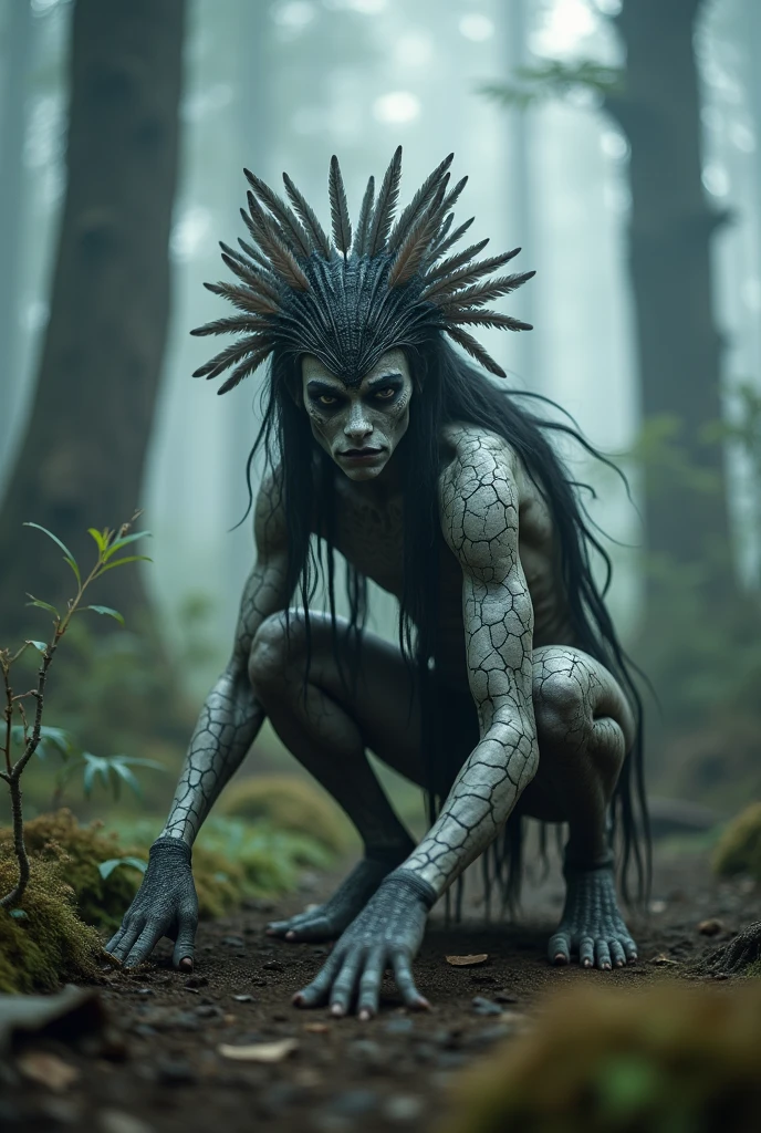 Generate a highly detailed and atmospheric scene of a mystical forest creature crouching crouching in a misty woodland setting. The creature has an otherworldly appearance, with intricate body paint resembling cracked earth, and wears elaborate feathered adornments, including a headdress made of dark and light feathers. The creature's face is partially masked, with sharp, angular features and intense, almost haunting eyes. The environment around is dense with fog, with tall trees and a moody, ambiance, emphasizing the creature's connection
ethereal
to the mystical forest.