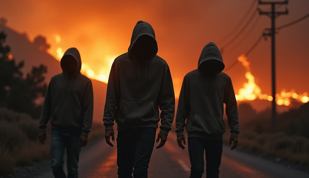 Three 28-year-old boys are hiding their faces with hoodies. The three are walking on the side of the road, fires are burning everywhere, it is very dark
