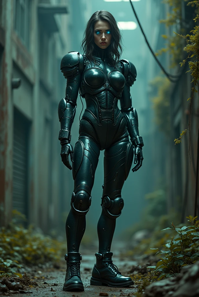 (best quality, 4k, highres), dystopian, sci-fi, metallic textures, neon lights, strong contrasts, urban decay, apocalyptic atmosphere, post-apocalyptic fashion, futuristic technology, mechanical body parts, glowing cybernetic eyes, robotic limbs, eerie silence, dusty and rusty surroundings, damaged walls and floors, broken machinery, overgrown plants, ominous shadows, mysterious darkness, cold and desolate feeling, unearthly beauty, fierce and determined expression, standing tall and confident in the midst of destruction.