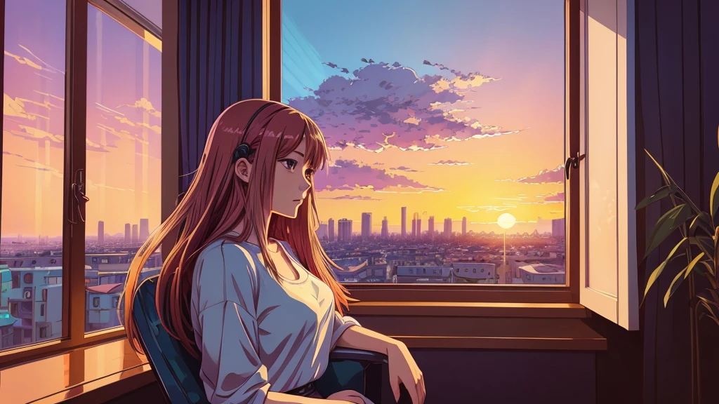 anime - style illustration of a woman sitting in a chair in front of a window watching the sun set, a digital painting inspired by Alena Aenami, pixiv contest winner, serial art, lofi artstyle, lofi art, lofi girl, lofi portrait, watching the sun set. anime, lofi vibes, lofi portrait at a window
