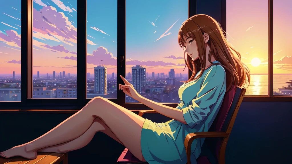 anime - style illustration of a woman sitting in a chair in front of a window watching the sun set, a digital painting inspired by Alena Aenami, pixiv contest winner, serial art, lofi artstyle, lofi art, lofi girl, lofi portrait, watching the sun set. anime, lofi vibes, lofi portrait at a window