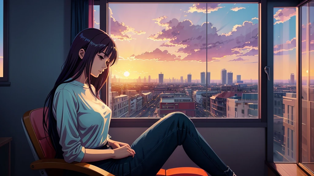anime - style illustration of a woman sitting in a chair in front of a window watching the sun set, a digital painting inspired by Alena Aenami, pixiv contest winner, serial art, lofi artstyle, lofi art, lofi girl, lofi portrait, watching the sun set. anime, lofi vibes, lofi portrait at a window