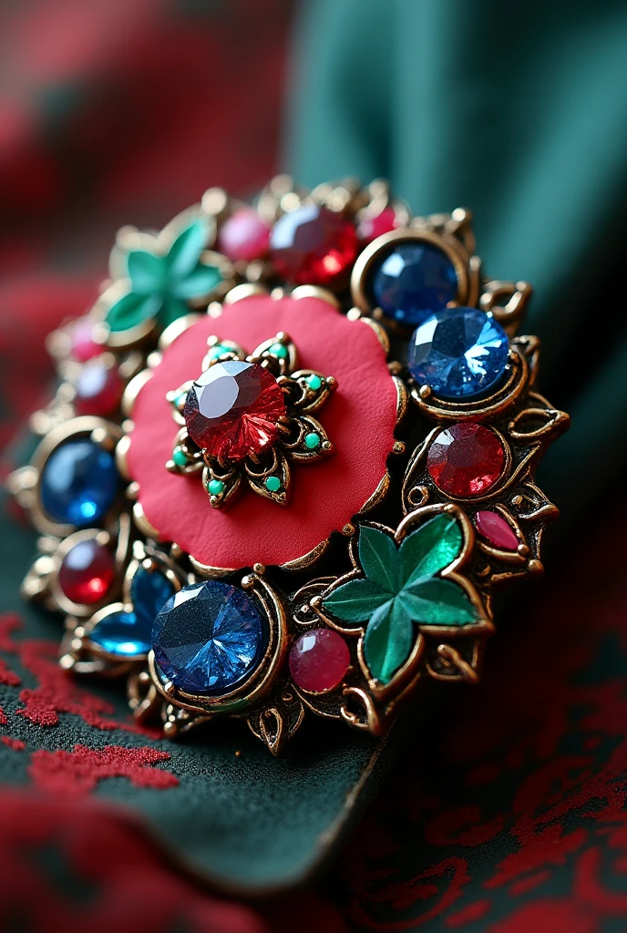 Give me the image of the brooch symbolizing secrecy, future aspirations, burning passion, colors like: đỏ, hồng, navy blue, green