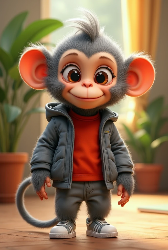 animated baby monkey with grey jacket red t-shirt, gray pants and white shoes
other
