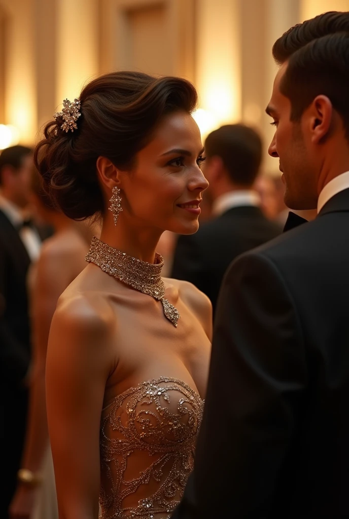 A charity event in an elite hall. Close-up, view slightly from above.
In the center of attention are elegant ladies in luxurious evening dresses, they are accompanied by respectable wealthy men in expensive suits. High hairstyles of ladies are decorated with shining accessories, creating a sense of festive atmosphere.
Among the guests one can notice several skillfully disguised cyborgs, whose mechanical parts are skillfully woven into their images, blending in with their surroundings. One of them, Alexander, lingers his gaze on a charming guest named Victoria, sensing something familiar about her.
A casual conversation ensues between Alexander and Victoria, in which their hidden past gradually reveals itself. Despite the elite setting, their interaction is filled with personal charm and hidden passion.
The overall atmosphere of the evening is festive and celebratory, filled with a sense of charity and the high status of the guests. However, the focus is on the secret relationship between two cyborgs whose bond goes beyond mere human interaction, best quality, high quality, absurdres, masterpiece, beautiful, intricate details, 1/2 body crop, slim body, beautiful figure, magnificent anatomy, (intricate details:1.12), HDR, (intricate details, hyper-detailing:1.15), (natural skin textures, hyper realisitc, soft light, Sharp:1.2)
