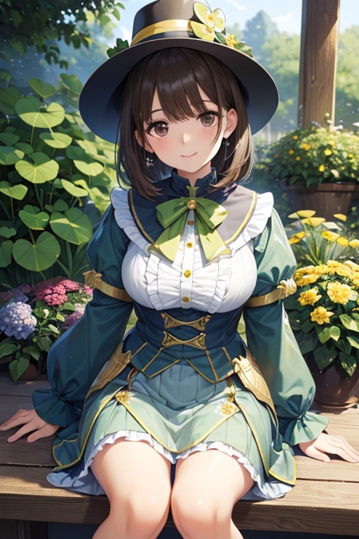 anegasaki nene、Shiny brown hair, short hair, (Beautiful brown eyes、Sparkling eyes, Fine grain)、smile、Ultra-detailed eyes、Very detailed顔, Very detailed目,
(masterpiece))), (((Highest quality))), ((Very detailed)), (figure), ((Georgie Gerard)) (Detailed light),((Very delicate and beautiful)),
smile, Sitting, (Wearing an oversized pointed hat with a Victorian shamrock pattern), (Wearing yellow-green dwarf clothing), (Shamrock Garden),Asanagi