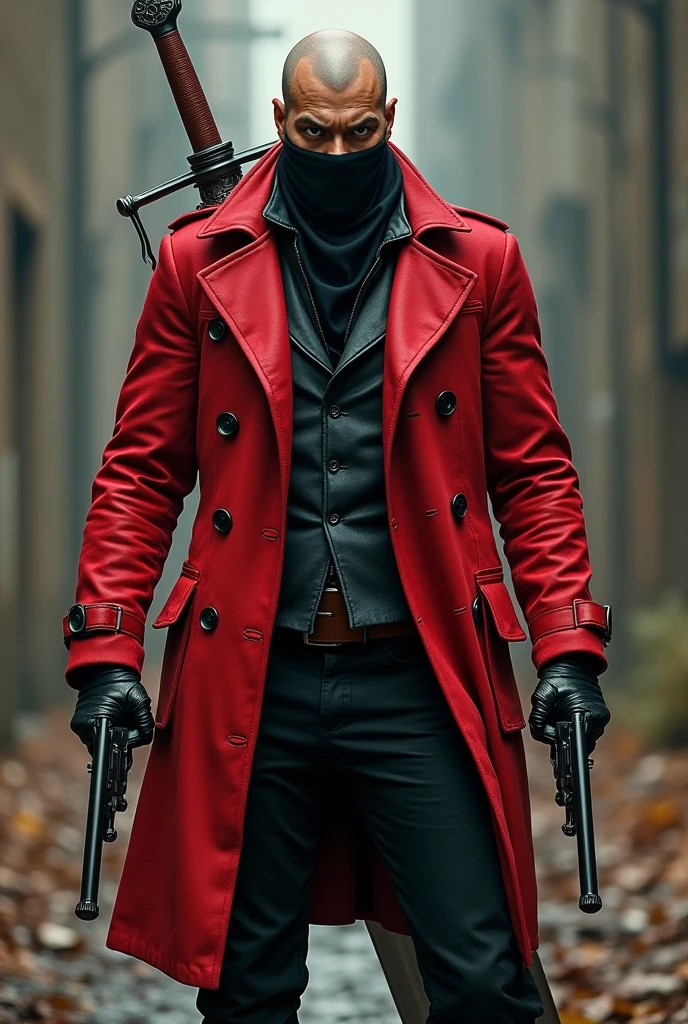 Create an anti-hero. that measures 1,87 cm, that is with a marked physique, that wears a red trench coat, a large sword on his back, Wearing black leather fingerless gloves, to wear a black bandana, to cover your mouth, look at the nose,, her cheekbones, and that on the sides of the legs, carry 2 revolver weapons. (That it is in a period pose and that it looks funny)
