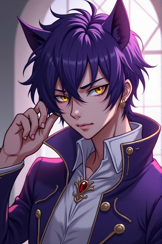 Purple short hair、Yellow narrow eyes、Cheetah-like vibe、Prince、male、White and purple prince's clothes、A scheming look、Tuck one side of your hair behind your ear