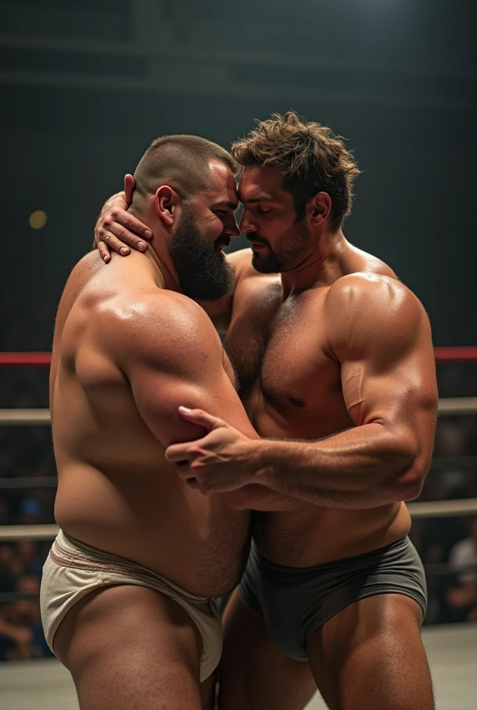 An attractive young muscular 40-year old naked man is wrestling a 20-year old fully naked fat wrestler in an arena, fierce faces, nude, showing penis, cum splatter