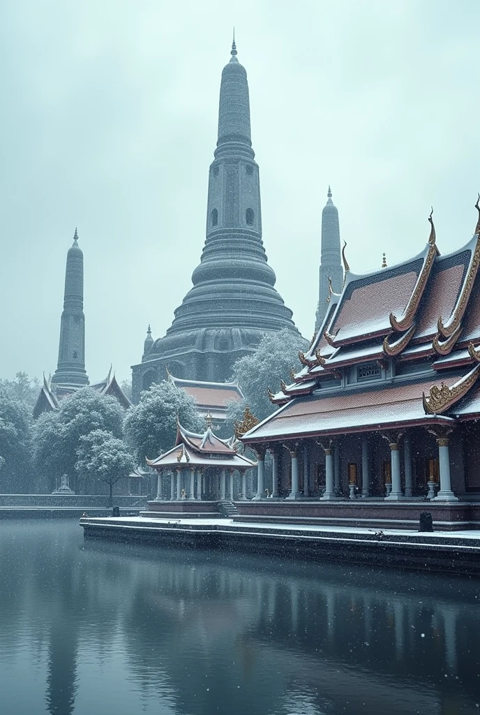 Picture of Wat Arun Ratchawararam, Chao Phraya River, Bangkok, Thailand, has snow falling, hyper realistic