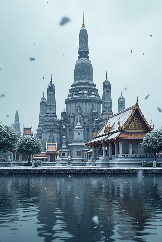 Picture of Wat Arun Ratchawararam, Chao Phraya River, Bangkok, Thailand, has snow falling, hyper realistic