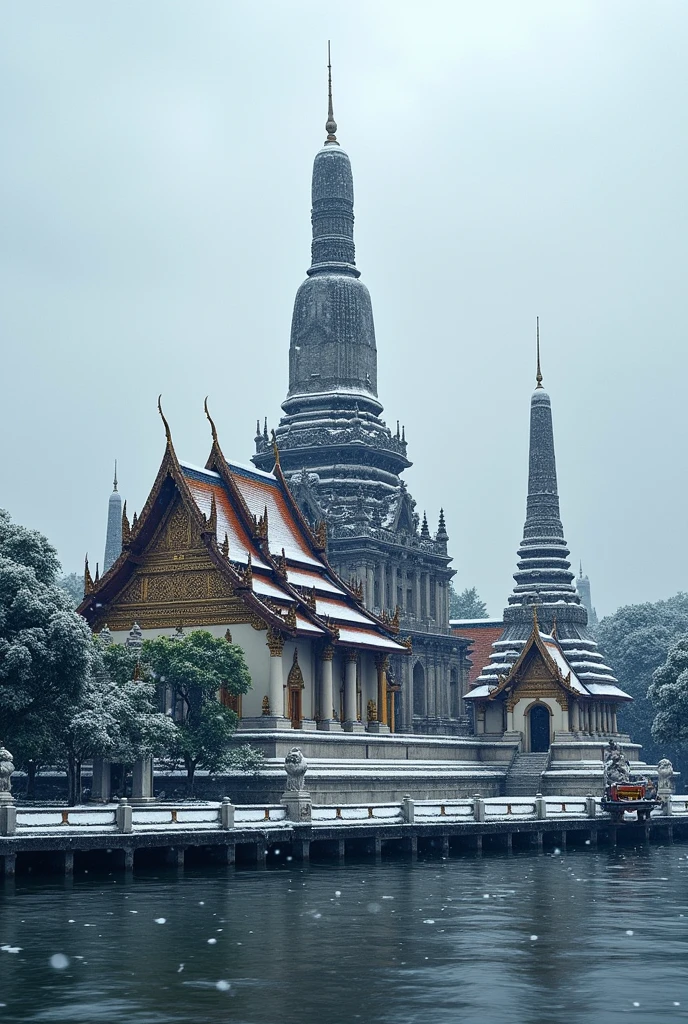 Picture of Wat Arun Ratchawararam, Chao Phraya River, Bangkok, Thailand, has snow falling, hyper realistic