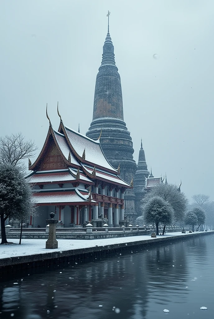Picture of Wat Arun Ratchawararam, Chao Phraya River, Bangkok, Thailand, has snow falling, hyper realistic