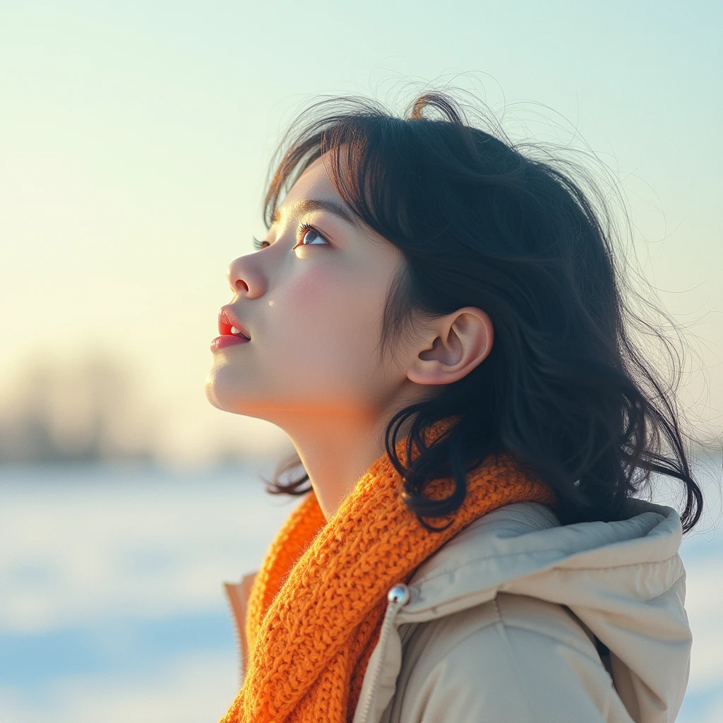 a portrait of a girl sing a song towards the vast farm of snow hill, half-closed eye look up to the sky:1.33, CANON RF28-70 mm F/2.0 LUSM, (double exposure shading):1.2, (sharp sketch, watercolor painting aesthetic art pale tone):1.61, (masterpiece, photo_real, Physically based rendering):1.33, 1girl (handsome jet-black hair,colored inner orange ombre hair multicolored hair):1.21, layered hair, (curly hair:0.75), (detailed brown eyes, stare eyes,) dim lighting,